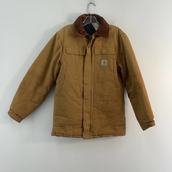 VTG Carhartt Brown Canvas Full Zip Collared Work Bomber Jacket Mens Size LARGE. - Picture 1 of 5